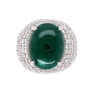 9.51ct Cabochon Emerald GIA & Diamond Pave Dome Ring