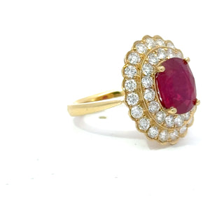 4.8ct Ruby Ring with Double Diamond Halo in 18K Gold