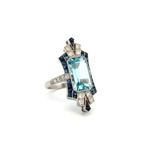 Platinum 8.89ct Emerald Cut Aquamarine, 1.50tcw Sapphire & .59tcw OEC Diamond Ring