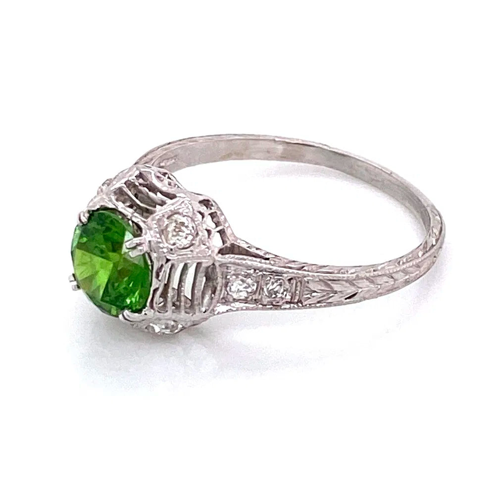 Platinum Art Deco 1.13ct Round Demantoid Garnet GIA & Diamond Ring Regard Jewelry Austin Texas