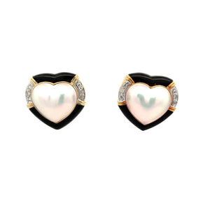 14K YG Mabe Pearl Heart, Onyx and .24tcw Diamond French Clip Earrings Regard Jewelry Austin Texas