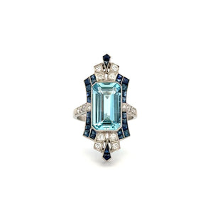 Platinum 8.89ct Emerald Cut Aquamarine, 1.50tcw Sapphire & .59tcw OEC Diamond Ring
