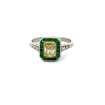 Load image into Gallery viewer, Estate Yellow Diamond With Emerald Halo Ring in Platinum Regard Jewelry Austin TX
