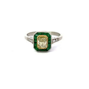 Estate Yellow Diamond With Emerald Halo Ring in Platinum Regard Jewelry Austin TX