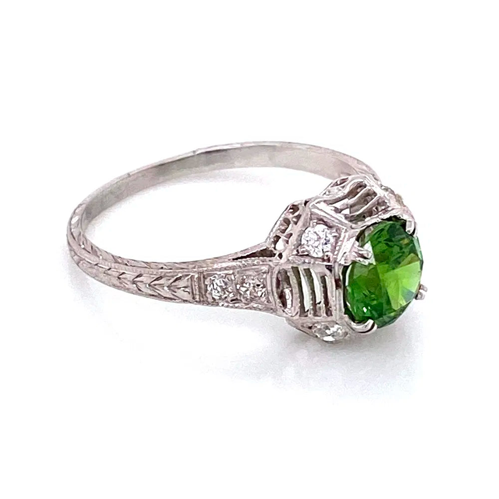 Platinum Art Deco 1.13ct Round Demantoid Garnet GIA & Diamond Ring Regard Jewelry Austin Texas