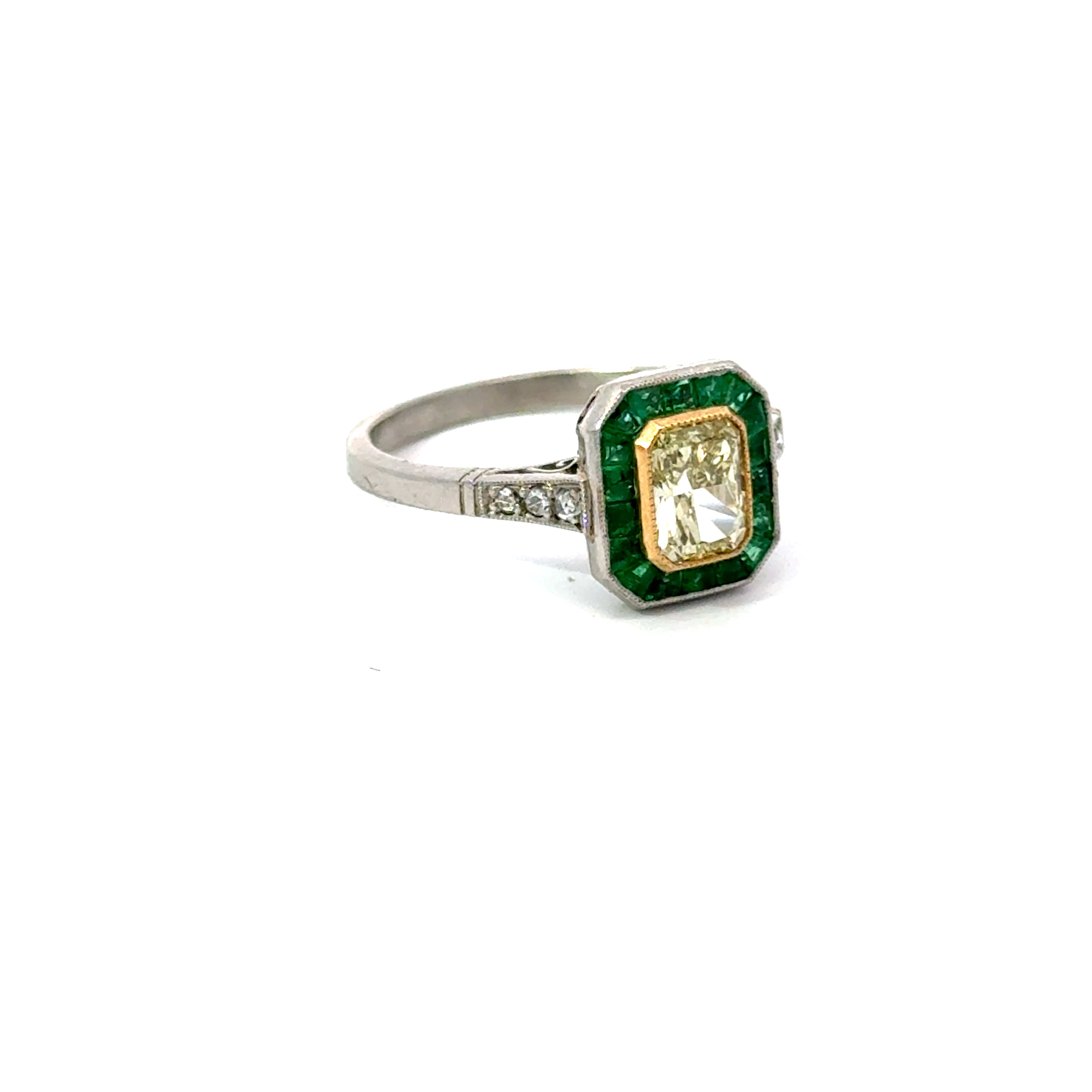 Estate Yellow Diamond With Emerald Halo Ring in Platinum Regard Jewelry Austin TX