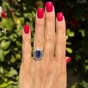 Platinum Art Deco 3.32ct Emerald Cut Sapphire GIA & 1.10tcw Baguette & OEC Diamond Ring Regard Jewelry Austin Texas
