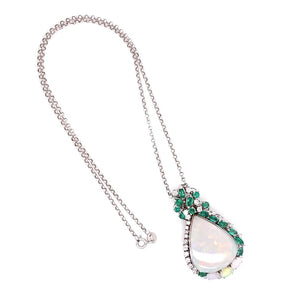 18K White Gold Opal, Emerald & Diamond Pendant