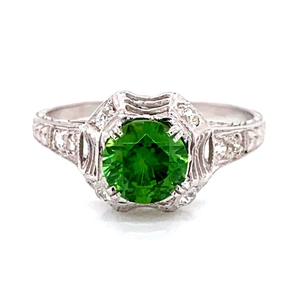 Platinum Art Deco 1.13ct Round Demantoid Garnet GIA & Diamond Ring Regard Jewelry Austin Texas