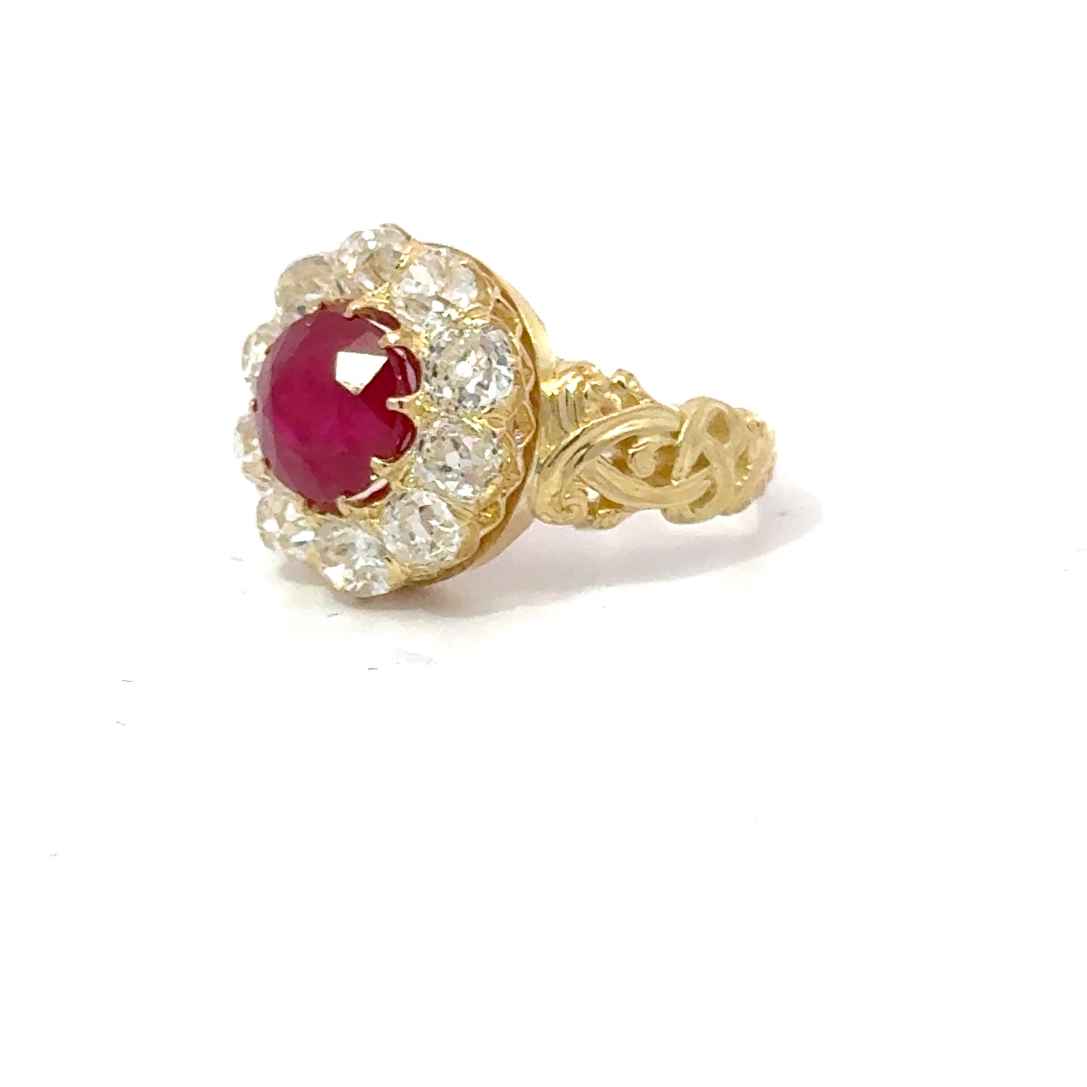 2.99 CT Burma Ruby Estate Ring with Old Minner Cut Diamond Halo In Yellow Gold Regard Jewelry Austin Texas.