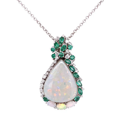 18K White Gold Opal, Emerald & Diamond Pendant