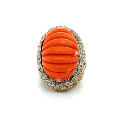 14K YG 1960's Fluted Oval Coral & .40tcw Diamond Nugget Style Ring 26.2g Regard Jewelry Austin Texas