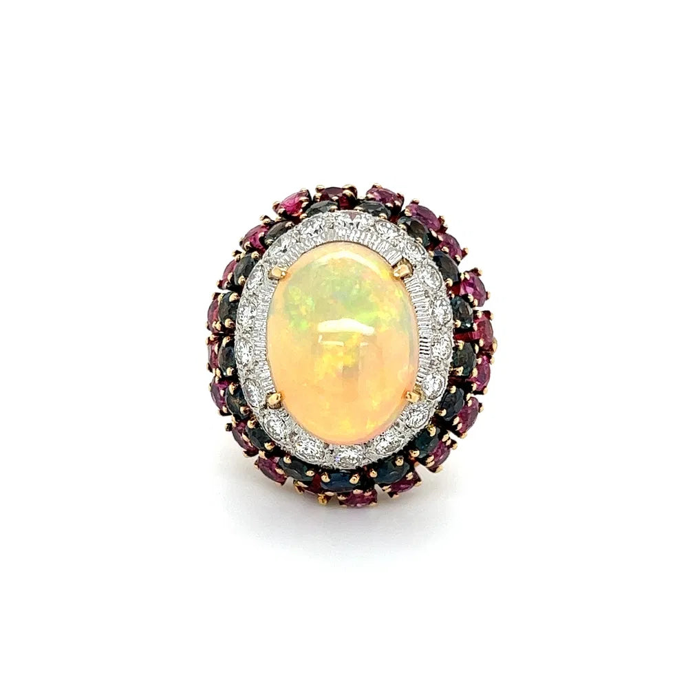18K Yellow Gold Vintage Opal, Diamond, Ruby & Sapphire Ring