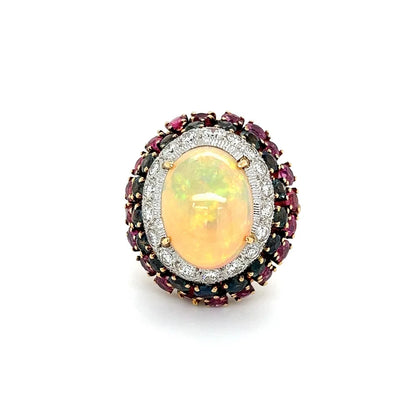 18K Yellow Gold Vintage Opal, Diamond, Ruby & Sapphire Ring