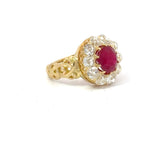 Load image into Gallery viewer, 2.99 CT Burma Ruby Estate Ring with Old Minner Cut Diamond Halo In Yellow Gold Regard Jewelry Austin Texas.
