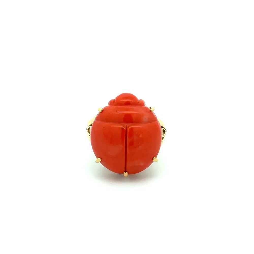 18K Yellow Gold Carved Coral Scarab Beetle Ring | Regard Jewelry Austin Texas