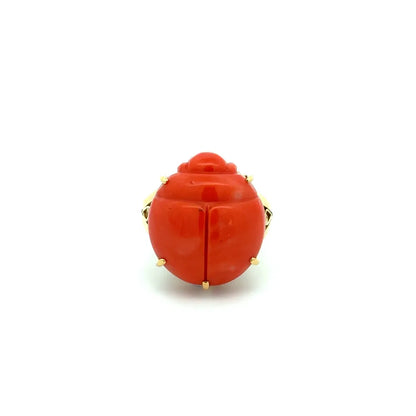 18K Yellow Gold Carved Coral Scarab Beetle Ring | Regard Jewelry Austin Texas