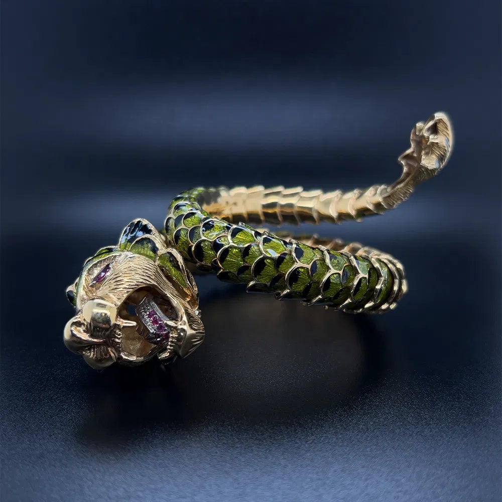 18K YG Articulating Dragon Serpent Wrap Cuff Bracelet With Rubies Regard Jewelry Austin Texas