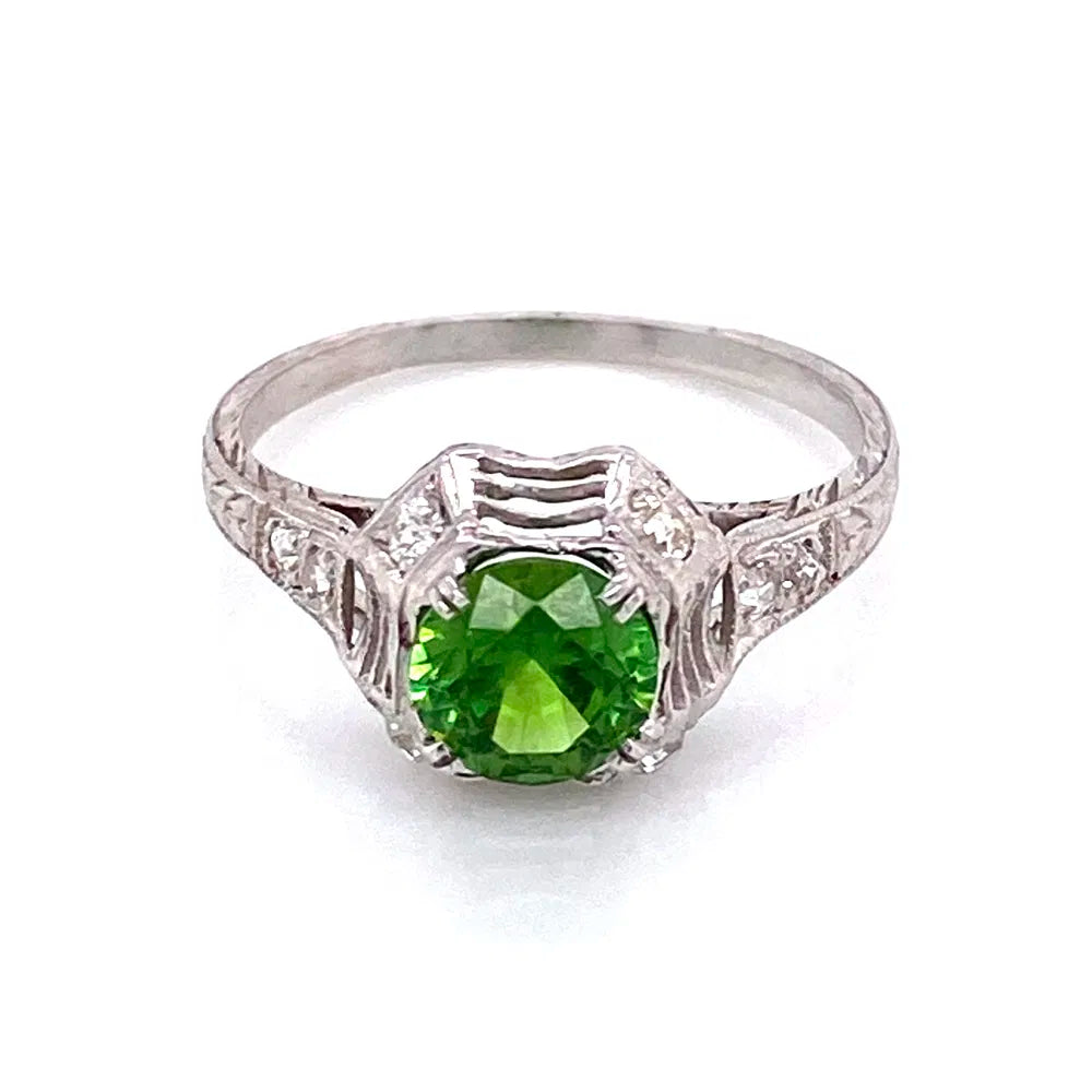 Platinum Art Deco 1.13ct Round Demantoid Garnet GIA & Diamond Ring Regard Jewelry Austin Texas