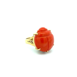 18K Yellow Gold Carved Coral Scarab Beetle Ring | Regard Jewelry Austin Texas