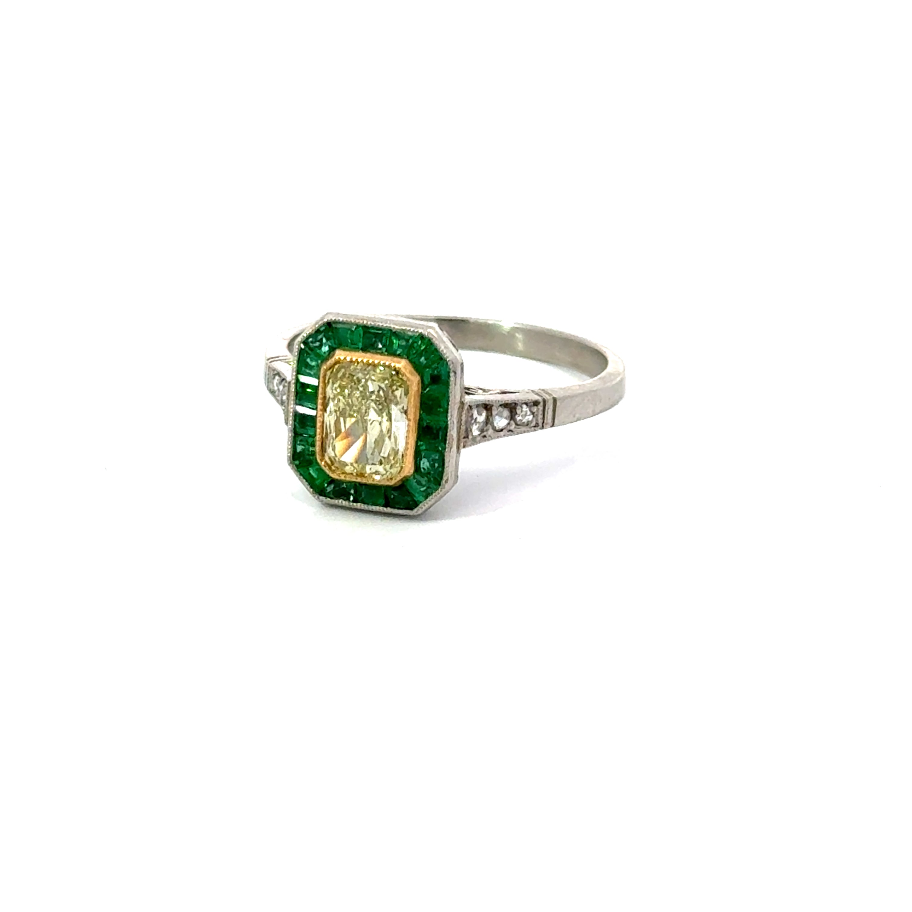 Estate Yellow Diamond With Emerald Halo Ring in Platinum Regard Jewelry Austin TX