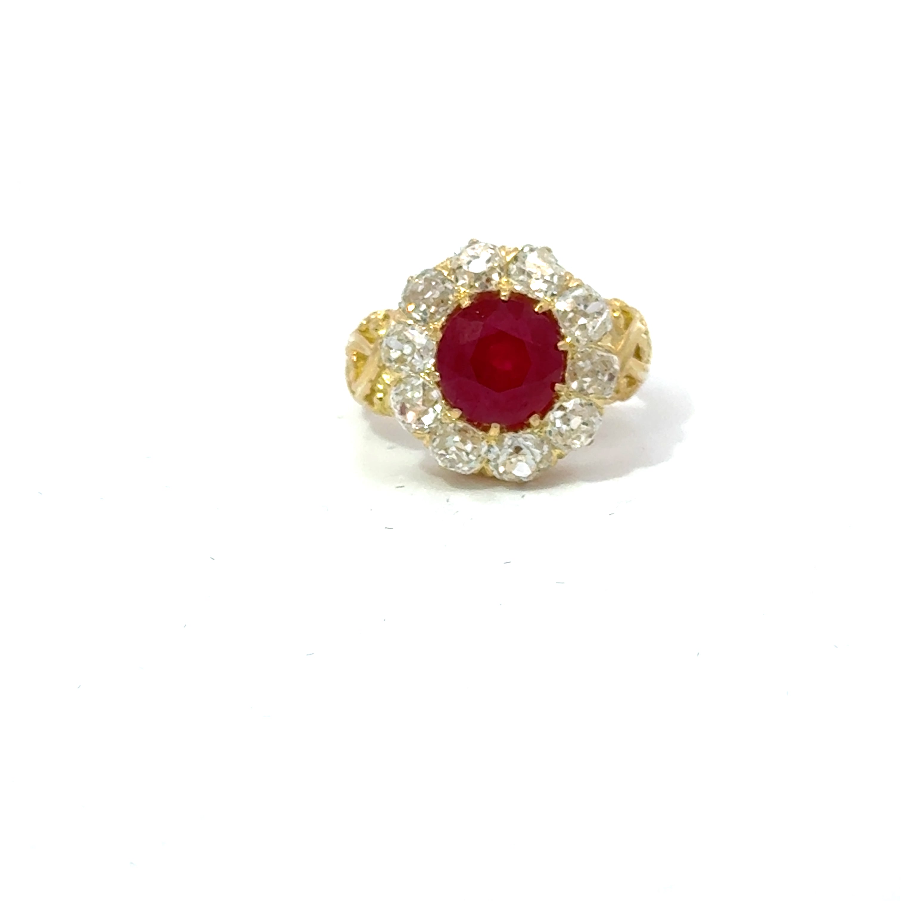 2.99 CT Burma Ruby Estate Ring with Old Minner Cut Diamond Halo In Yellow Gold Regard Jewelry Austin Texas.