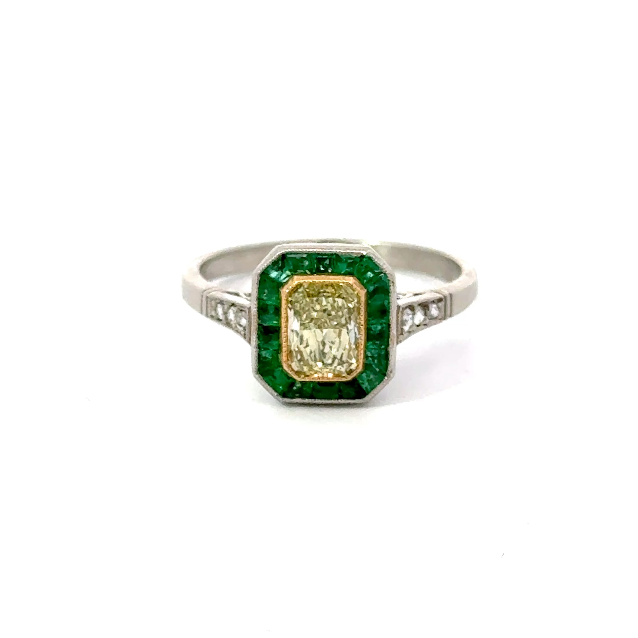 Estate Yellow Diamond With Emerald Halo Ring in Platinum Regard Jewelry Austin TX