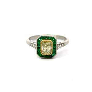 Estate Yellow Diamond With Emerald Halo Ring in Platinum Regard Jewelry Austin TX