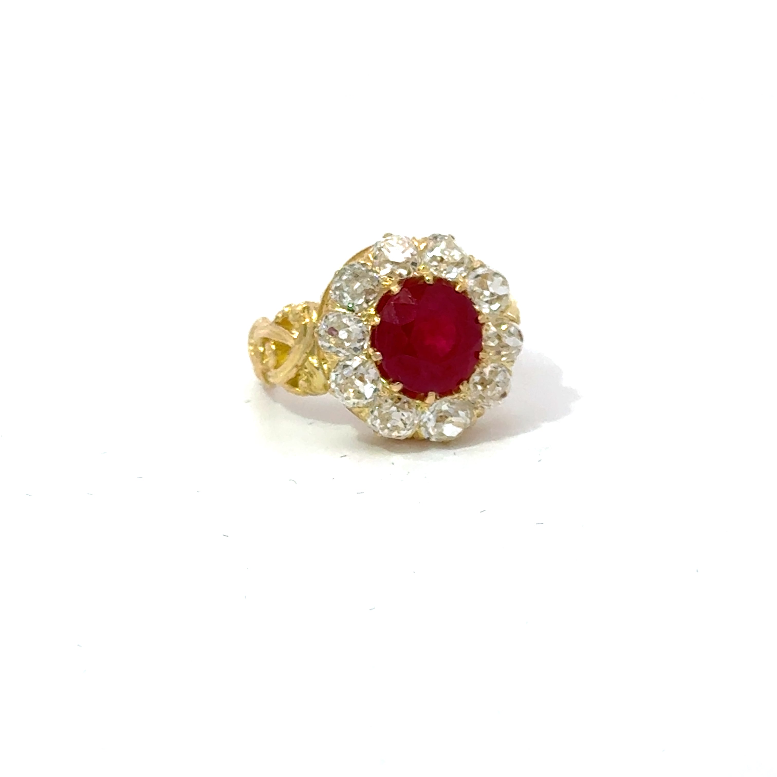 2.99 CT Burma Ruby Estate Ring with Old Minner Cut Diamond Halo In Yellow Gold Regard Jewelry Austin Texas.