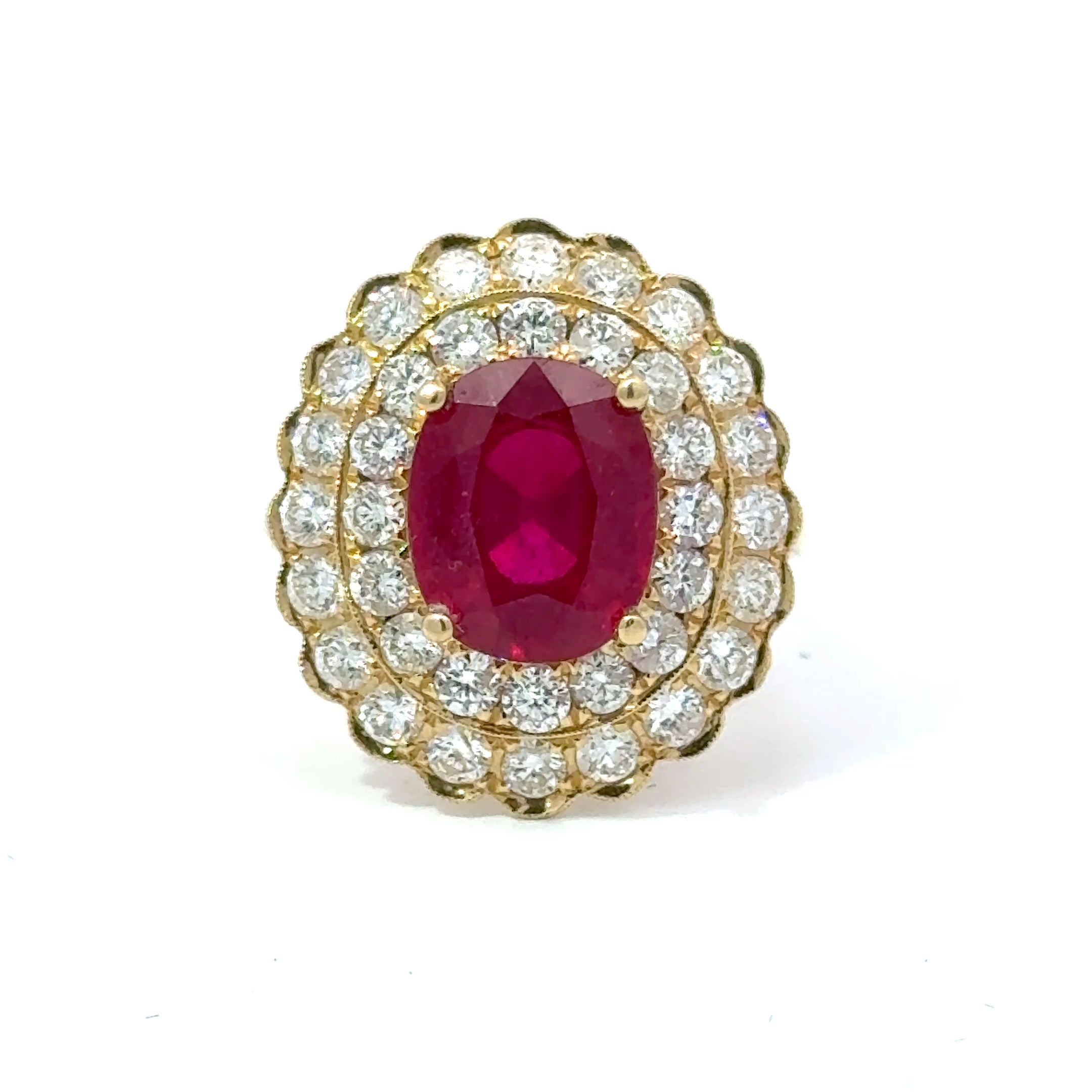 4.8 CT Natural Ruby With Double Diamond Halo in 18k Yellow Ring Regard Jewelry AustinTexas