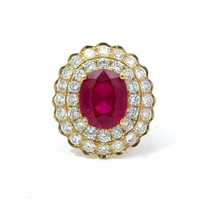 4.8ct Ruby Ring with Double Diamond Halo in 18K Gold