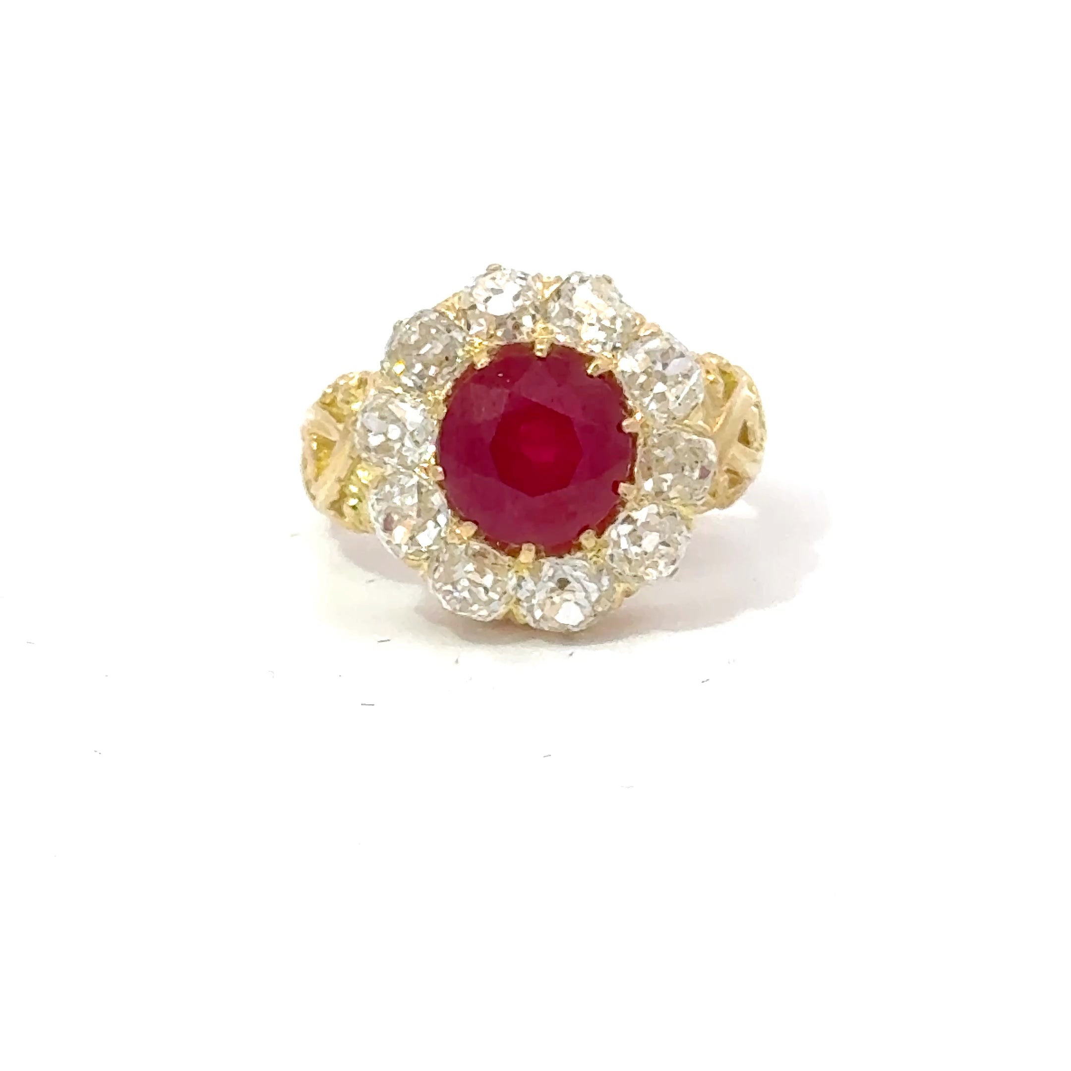 2.99 CT Burma Ruby Estate Ring with Old Minner Cut Diamond Halo In Yellow Gold Regard Jewelry Austin Texas.