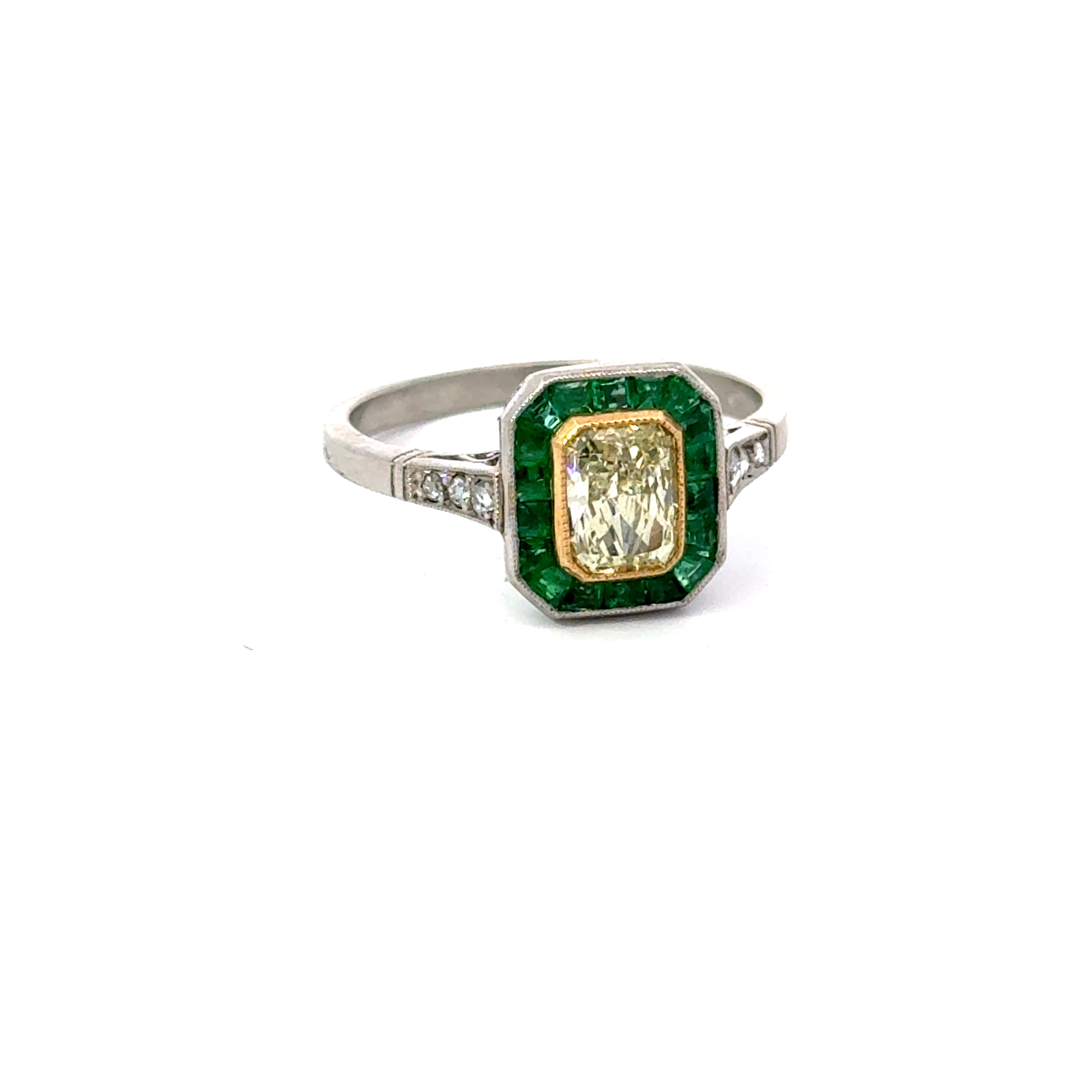 Estate Yellow Diamond With Emerald Halo Ring in Platinum Regard Jewelry Austin TX