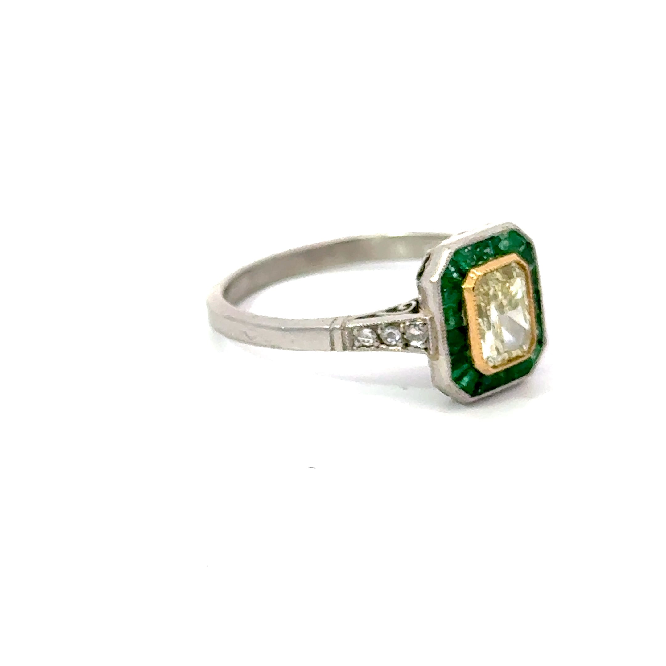 Estate Yellow Diamond With Emerald Halo Ring in Platinum Regard Jewelry Austin TX