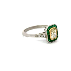 Estate Yellow Diamond With Emerald Halo Ring in Platinum Regard Jewelry Austin TX