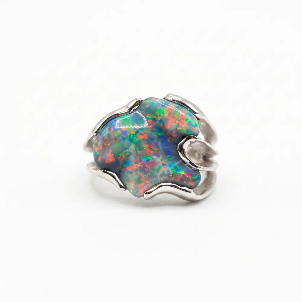 18K WG Amazing Freeform 4.25 Black Opal Red, Green, Blue Split Shank Ring Regard Jewelry Austin Texas
