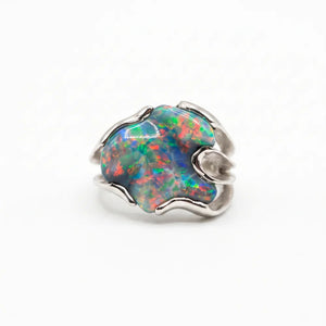 18K WG Amazing Freeform 4.25 Black Opal Red, Green, Blue Split Shank Ring Regard Jewelry Austin Texas