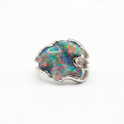 18K WG Amazing Freeform 4.25 Black Opal Red, Green, Blue Split Shank Ring Regard Jewelry Austin Texas