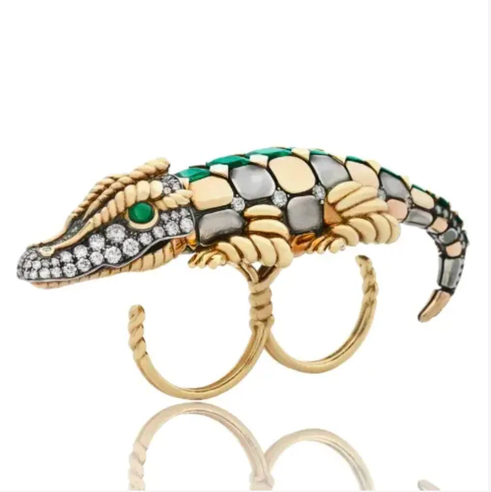 ELIE TOP Crocodile 6.53tcw Emerald GIA Minor & 2.00tcw Diamond Cuff Ring Regard Jewelry Austin Texas