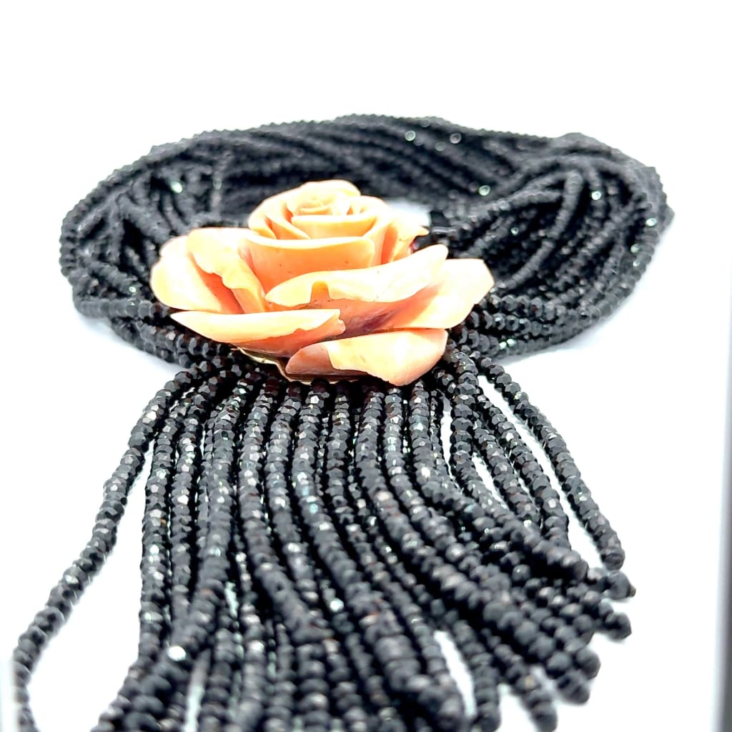 Coral Rose With Black Beads Necklace - beaded