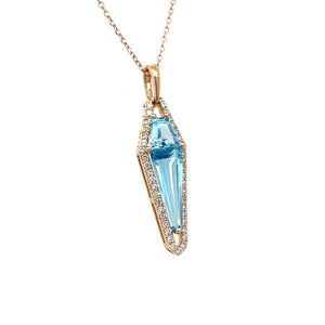 Custom Cut Blue Topaz with Diamonds Pendant with 14K Rose