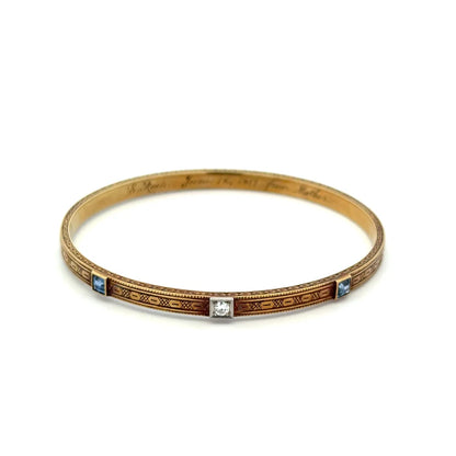 14K YG Art Deco .06tcw OEC Diamond & Syn. Sapphire Engraved Bangle Bracelet 11.8g Regard Jewelry Austin Texas