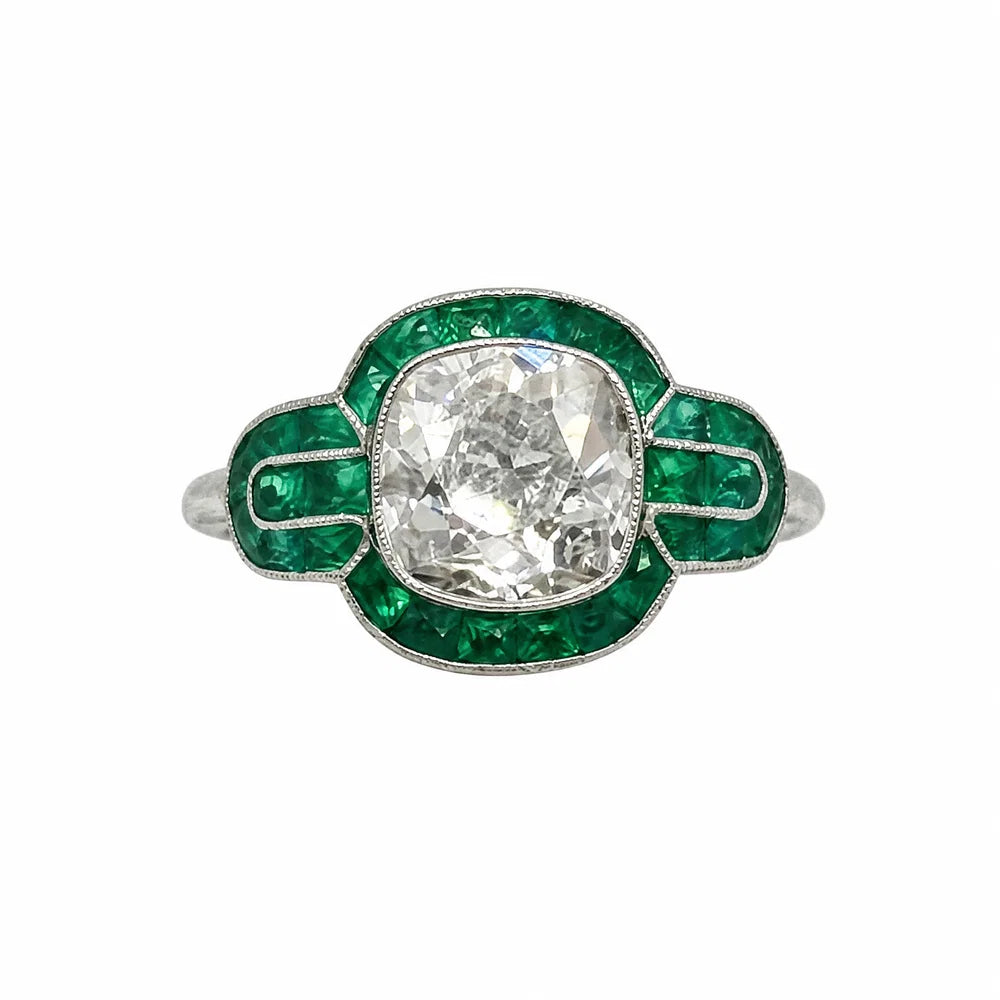 Platinum 2.20ct Old Mine Cushion Diamond & 1.55tcw Emerald Filigree Ring Regard Jewelry Austin Texas