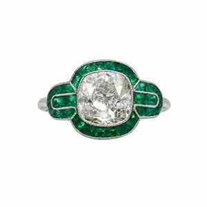 Platinum 2.20ct Old Mine Cushion Diamond & 1.55tcw Emerald Filigree Ring Regard Jewelry Austin Texas