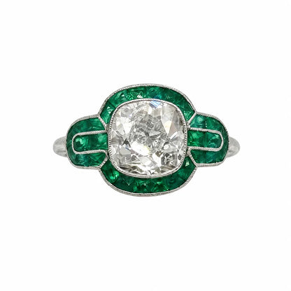 Platinum 2.20ct Old Mine Cushion Diamond & 1.55tcw Emerald Filigree Ring Regard Jewelry Austin Texas