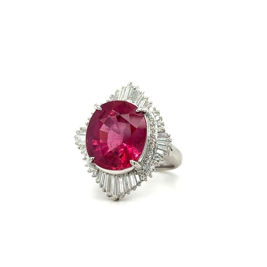 Estate Platinum Oval Rubellite Tourmaline and Diamond Ring