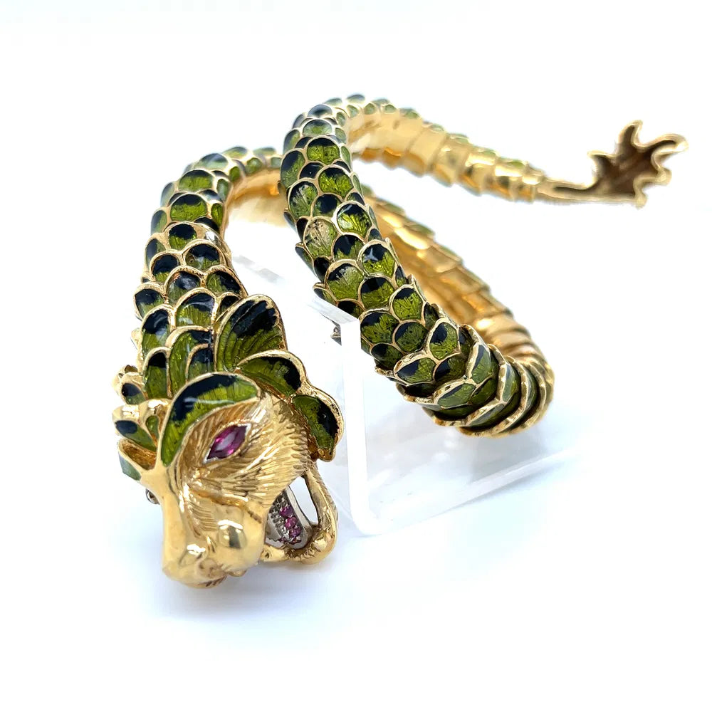 18K YG Articulating Dragon Serpent Wrap Cuff Bracelet With Rubies Regard Jewelry Austin Texas