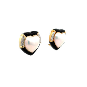 14K YG Mabe Pearl Heart, Onyx and .24tcw Diamond French Clip Earrings Regard Jewelry Austin Texas