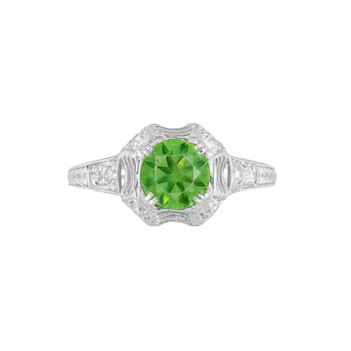 Platinum Art Deco 1.13ct Round Demantoid Garnet GIA & Diamond Ring Regard Jewelry Austin Texas