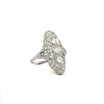 Load image into Gallery viewer, Platinum Art Deco Diamond Emerald Navette Filigree Ring at
